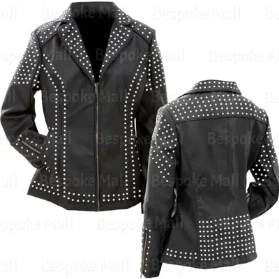 Pre-owned Handmade Men's Black Full Silver Studded Custom Designer Biker Leather Jacket-1072