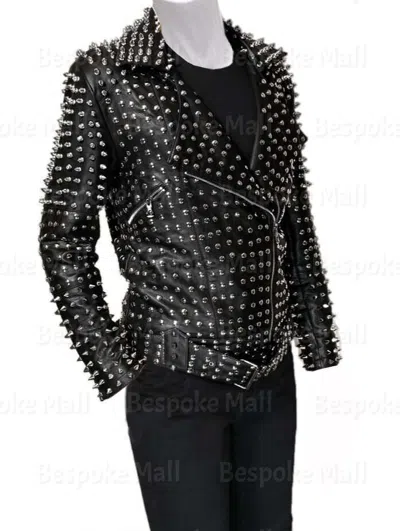 Pre-owned Handmade Men's Black Full Silver Studded Punk Unique Cowhide Biker Leather Jacket-1