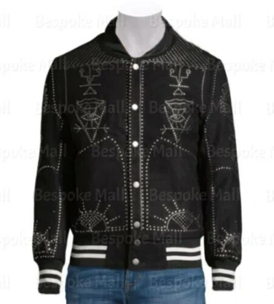 Pre-owned Handmade Men's Black Full Silver Studded Punk Unique Cowhide Biker Leather Jacket-376