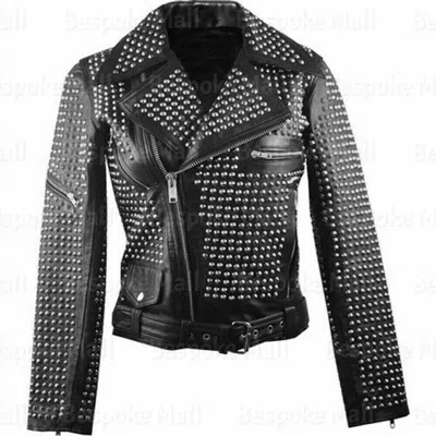 Pre-owned Handmade Men's Black Full Silver Studded Punk Unique Cowhide Biker Leather Jacket-658