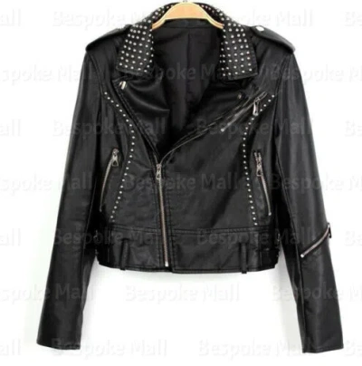 Pre-owned Handmade Men's Black Full Silver Studded Style Cowhide Zippered Leather Jacket-482