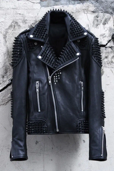 Pre-owned Handmade Men's Black Full Spiked Punk Rock Motorcycle Zippered Gothic Leather Jacket In Brown Gold