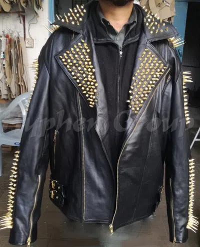 Pre-owned Handmade Men's Black Gold Spiked Studded Punk Brando Style Cowhide Leather Jacket