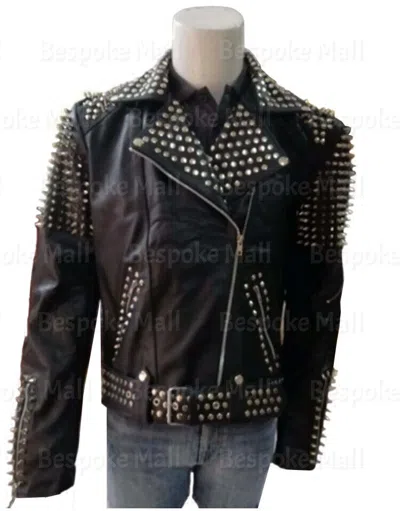 Pre-owned Handmade Men's Black Half Silver Studded Brando Cowhide Leather Jacket-131