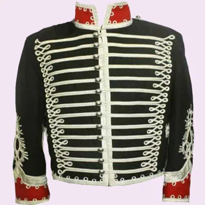 Pre-owned Handmade Men Black Hussar Military Drummer Silver Braid Jacket