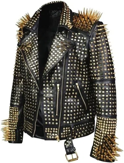 Pre-owned Handmade Men Black Leather Jacket With Golden Spikes, Studded And Spiked Leather Jacket