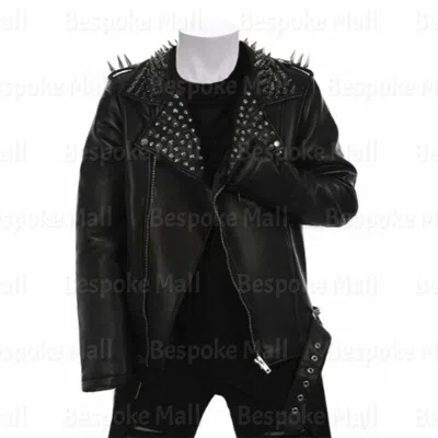 Pre-owned Handmade Men Black Leather Jacket With Studs & Spikes Rock Punk Style Studded-315