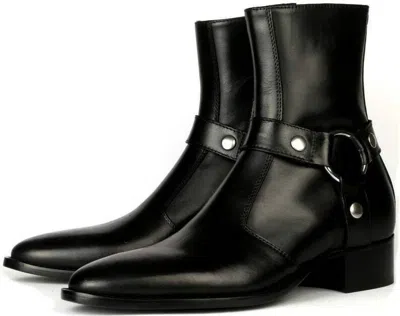 Pre-owned Handmade Men Black Leather Vincent Harness Zip Boots With Cuban Heel