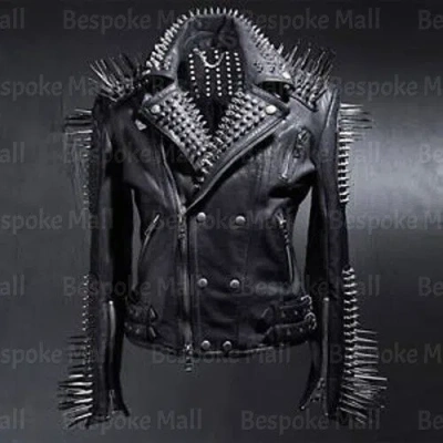 Pre-owned Handmade Men's Black Long Spiked Studded Punk Unique Top Cowhide Leather Jacket-239