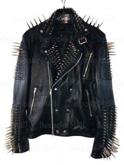 Pre-owned Handmade Men's Black Long Spiked Studded Real Cowhide Brando Biker Leather Jacket-936