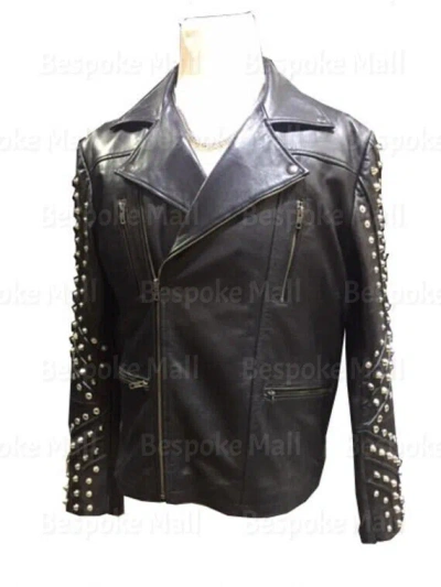 Pre-owned Handmade Men's Black Motorcycle Silver Studded Genuine Leather Brando Jacket-967