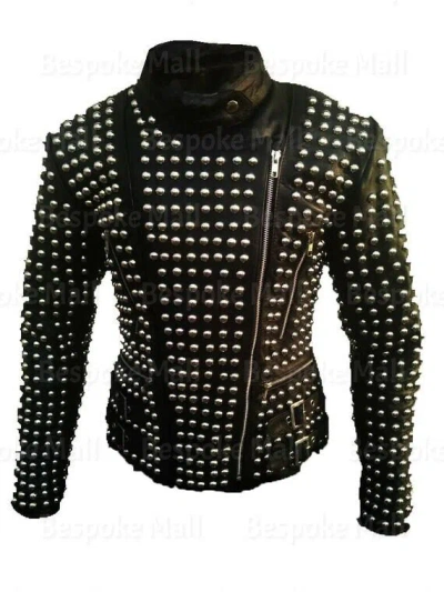 Pre-owned Handmade Men's Black Motorcycle Style Punk Brando Genuine Cowhide Leather Jacket-1014