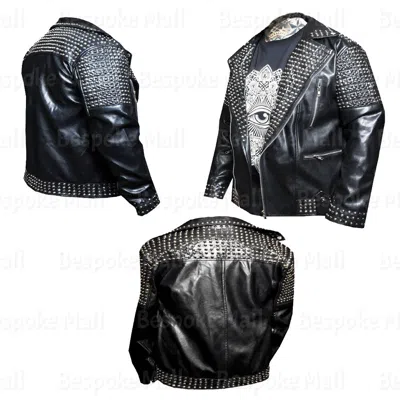 Pre-owned Handmade Men's Black Punk Brando Silver Studded Real Cowhide Biker Leather Jacket-557