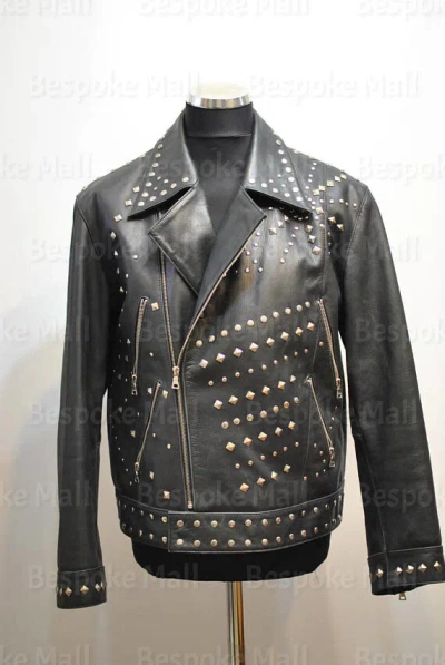 Pre-owned Handmade Men's Black Punk Brando Style Silver Studded Cowhide Leather Jacket-1073