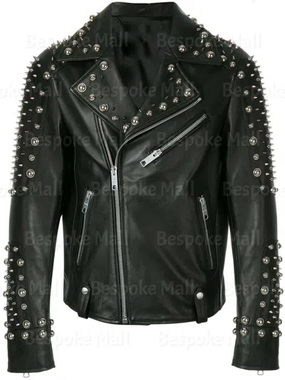 Pre-owned Handmade Men's Black Punk Rock Silver Spiked Studded Cowhide Biker Leather Jacket-647