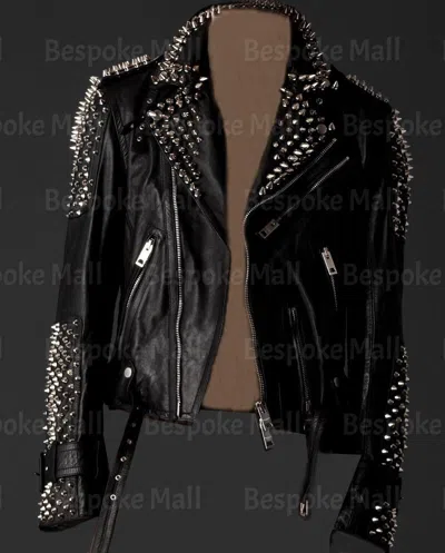 Pre-owned Handmade Men's Black Punk Silver Spiked Studded Unique Cowhide Leather Jacket-771