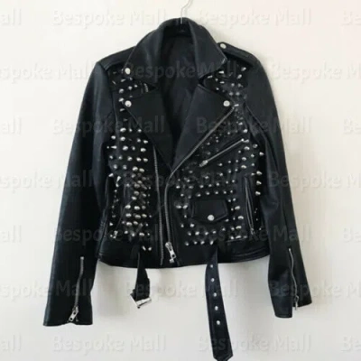 Pre-owned Handmade Men's Black Punk Silver Studded Belted Cowhide Biker Real Leather Jacket-498
