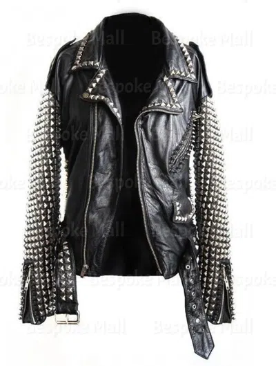 Pre-owned Handmade Men's Black Punk Silver Studded On Sleeves Star Design Leather Jacket-877
