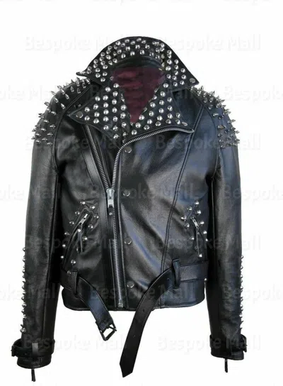 Pre-owned Handmade Men's Black Punk Spiked Studded Brando Unique Style Real Leather Jacket-970