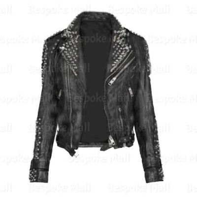Pre-owned Handmade Men Black Punk Unique Full Silver Spiked Studded Cowhide Leather Jacket-799