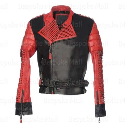 Pre-owned Handmade Men's Black Red Full Silver Spiked Studded Belted Cowhide Leather Jacket-802