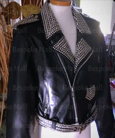 Pre-owned Handmade Men's Black Rivets Studded Brando Style Cowhide Biker Leather Jacket-723