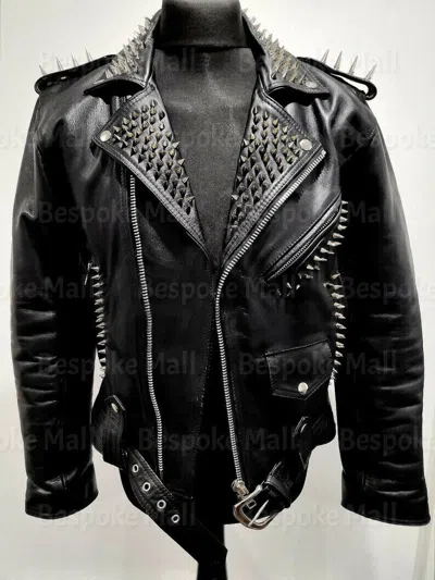 Pre-owned Handmade Men Black Silver Long Spiked Studded Brando Cowhide Biker Leather Jacket-780