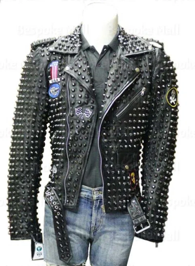 Pre-owned Handmade Men Black Silver Long Spiked Studded Punk Brando Cowhide Leather Jacket-110 In Multicolor