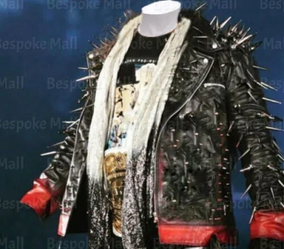 Pre-owned Handmade Men's Black Silver Long Spiked Studded Rock Cowhide Biker Leather Jacket-402