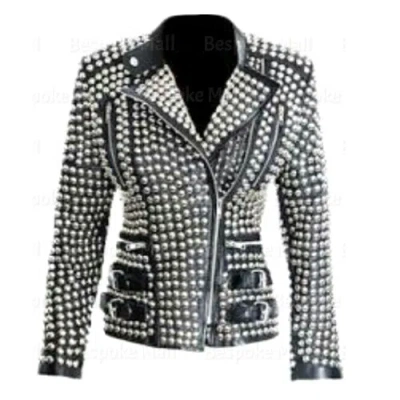 Pre-owned Handmade Men's Black Silver Metallic Spike Studded Zipper Cowhide Leather Jacket-891 In Brown