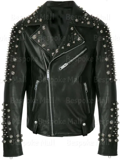 Pre-owned Handmade Men's Black Silver Spiked Studded Brando Cowhide Biker Leather Jacket-311