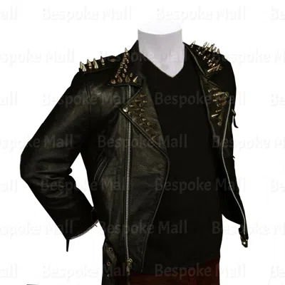 Pre-owned Handmade Men's Black Silver Spiked Studded Brando Cowhide Biker Leather Jacket-313