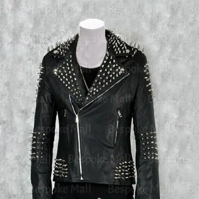 Pre-owned Handmade Men's Black Silver Spiked Studded Brando Cowhide Biker Leather Jacket-328