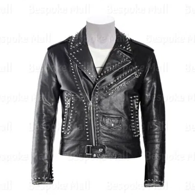 Pre-owned Handmade Men's Black Silver Spiked Studded Punk Rock Cowhide Biker Leather Jacket-316