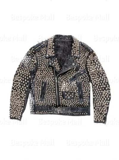 Pre-owned Handmade Men's Black Silver Spiked Studded Punk Rock Cowhide Biker Leather Jacket-722