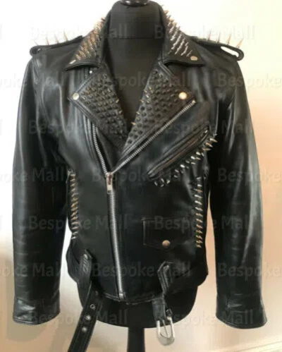 Pre-owned Handmade Men's Black Silver Spiked Studded Punk Rock Cowhide Biker Leather Jacket-792