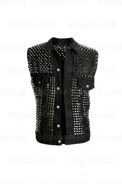 Pre-owned Handmade Men's Black Silver Spiked Studded Punk Rock Cowhide Biker Leather Vest-696