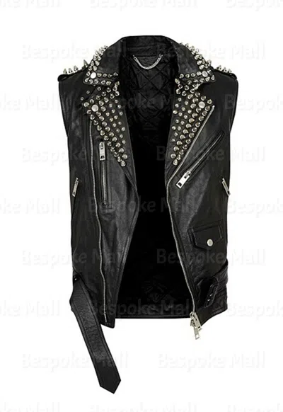 Pre-owned Handmade Men's Black Silver Spiked Studded Punk Unique Cowhide Biker Leather Vest-726