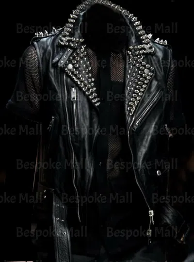 Pre-owned Handmade Men's Black Silver Spiked Studded Punk Unique Cowhide Biker Leather Vest-797