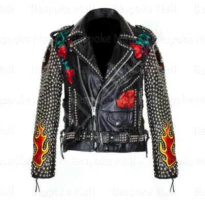 Pre-owned Handmade Men's Black Silver Studded Bette Zippered Cowhide Biker Leather Jacket-642