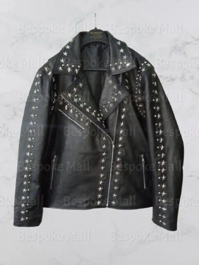 Pre-owned Handmade Men's Black Silver Studded Brando Punk Genuine Cowhide Leather Jacket-992
