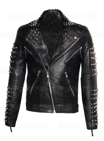 Pre-owned Handmade Men's Black Silver Studded Brando Style Cowhide Biker Leather Jacket-1070 In Blue
