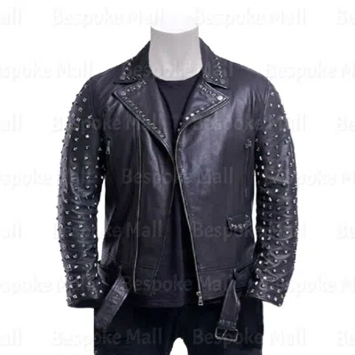 Pre-owned Handmade Men's Black Silver Studded Brando Style Cowhide Biker Leather Jacket-329