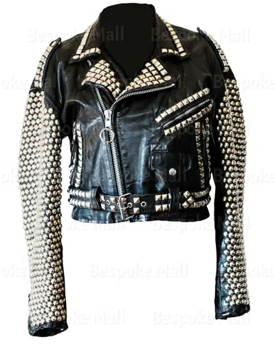 Pre-owned Handmade Men's Black Silver Studded Brando Style Cowhide Biker Leather Jacket-741