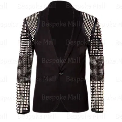 Pre-owned Handmade Men's Black Silver Studded On Sleeves Punk Unique Cowhide Leather Coat-846