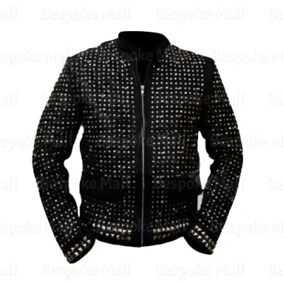 Pre-owned Handmade Men's Black Silver Studded Punk Brando Antique Cowhide Leather Jacket-849