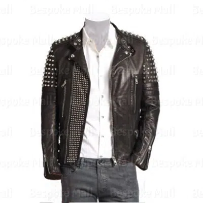 Pre-owned Handmade Men's Black Silver Studded Punk Brando Real Cowhide Biker Leather Jacket-20