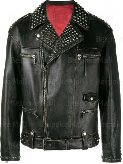 Pre-owned Handmade Men's Black Silver Studded Punk Brando Real Cowhide Biker Leather Jacket-654