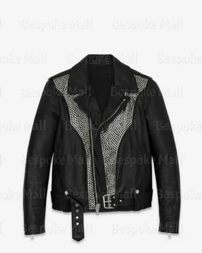 Pre-owned Handmade Men's Black Silver Studded Punk Rock Cowhide Biker Leather Jacket Belted-700