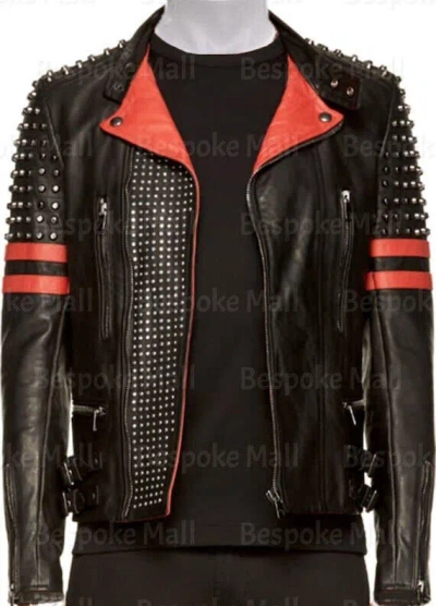 Pre-owned Handmade Men Black Silver Studded Punk Rock Stylish Cowhide Biker Leather Jacket-996